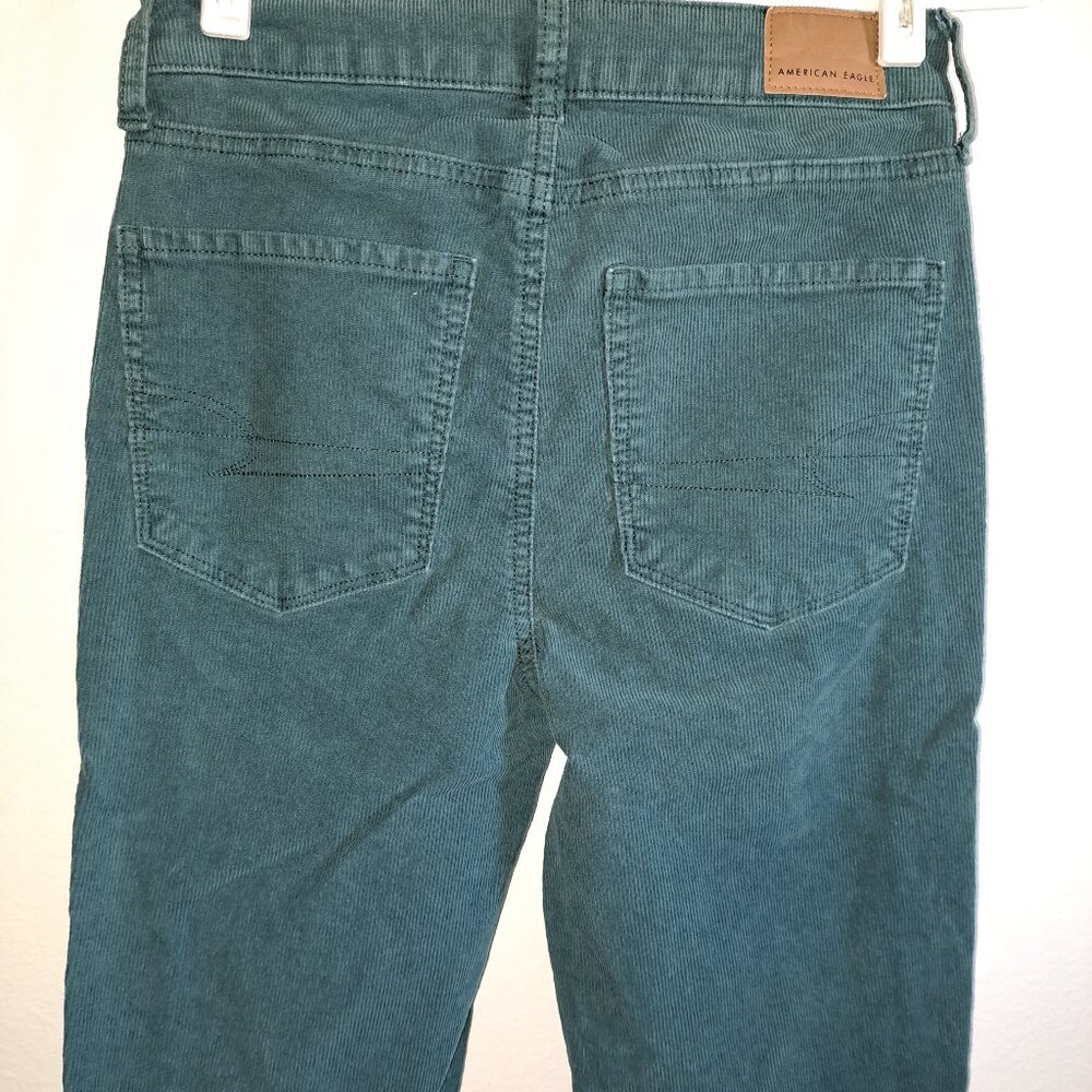 American Eagle Super Hi-Rise green corduroy pants with flare leg and button fly - Picture 2 of 11